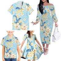 Hawaii Hibiscus Plumeria Blue Family Matching Off The Shoulder Long Sleeve Dress and Hawaiian Shirt Polynesian Pattern
