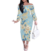 Hawaii Hibiscus Plumeria Blue Family Matching Off The Shoulder Long Sleeve Dress and Hawaiian Shirt Polynesian Pattern