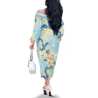 Hawaii Hibiscus Plumeria Blue Family Matching Off The Shoulder Long Sleeve Dress and Hawaiian Shirt Polynesian Pattern