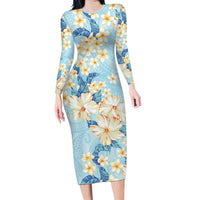 Hawaii Hibiscus Plumeria Blue Long Sleeve Bodycon Dress Polynesian Pattern LT01 Long Dress Blue - Polynesian Pride