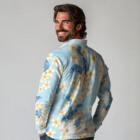 Hawaii Hibiscus Plumeria Blue Long Sleeve Polo Shirt Polynesian Pattern LT01 - Polynesian Pride