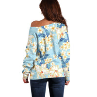 Hawaii Hibiscus Plumeria Blue Off Shoulder Sweater Polynesian Pattern LT01 - Polynesian Pride