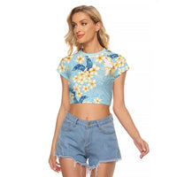 Hawaii Hibiscus Plumeria Blue Raglan Cropped T Shirt Polynesian Pattern LT01 Female Blue - Polynesian Pride