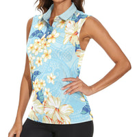 Hawaii Hibiscus Plumeria Blue Women Sleeveless Polo Shirt Polynesian Pattern LT01 - Polynesian Pride