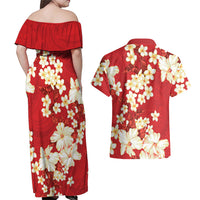 Hawaii Hibiscus Plumeria Red Couples Matching Off Shoulder Maxi Dress and Hawaiian Shirt Polynesian Pattern LT01 - Polynesian Pride