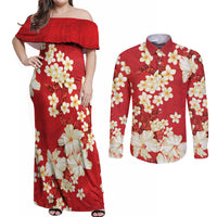 Hawaii Hibiscus Plumeria Red Couples Matching Off Shoulder Maxi Dress and Long Sleeve Button Shirt Polynesian Pattern LT01 Red - Polynesian Pride