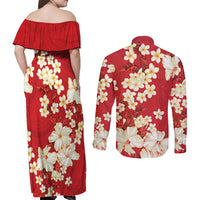 Hawaii Hibiscus Plumeria Red Couples Matching Off Shoulder Maxi Dress and Long Sleeve Button Shirt Polynesian Pattern LT01 - Polynesian Pride