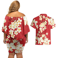 Hawaii Hibiscus Plumeria Red Couples Matching Off Shoulder Short Dress and Hawaiian Shirt Polynesian Pattern LT01 - Polynesian Pride