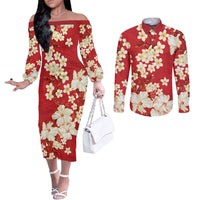 Hawaii Hibiscus Plumeria Red Couples Matching Off The Shoulder Long Sleeve Dress and Long Sleeve Button Shirt Polynesian Pattern LT01 Red - Polynesian Pride