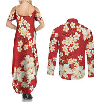 Hawaii Hibiscus Plumeria Red Couples Matching Summer Maxi Dress and Long Sleeve Button Shirt Polynesian Pattern LT01 - Polynesian Pride