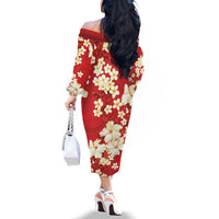Hawaii Hibiscus Plumeria Red Family Matching Off The Shoulder Long Sleeve Dress and Hawaiian Shirt Polynesian Pattern