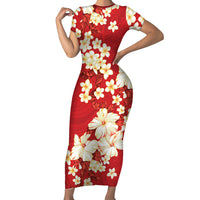 Hawaii Hibiscus Plumeria Red Family Matching Short Sleeve Bodycon Dress and Hawaiian Shirt Polynesian Pattern
