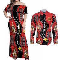 Papua New Guinea 50th Independence Couples Matching Off Shoulder Maxi Dress and Long Sleeve Button Shirt PNG Batik Pattern LT01 Red - Polynesian Pride