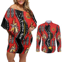 Papua New Guinea 50th Independence Couples Matching Off Shoulder Short Dress and Long Sleeve Button Shirt PNG Batik Pattern LT01 Red - Polynesian Pride