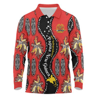 Papua New Guinea 50th Independence Long Sleeve Polo Shirt PNG Batik Pattern LT01 Red - Polynesian Pride