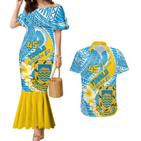 Personalised Tuvalu Independence Day Couples Matching Mermaid Dress and Hawaiian Shirt Plumeria 45th Anniversary LT01 Blue - Polynesian Pride