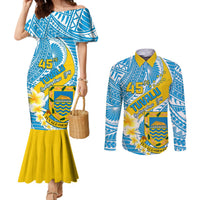 Personalised Tuvalu Independence Day Couples Matching Mermaid Dress and Long Sleeve Button Shirts Plumeria 45th Anniversary LT01 Blue - Polynesian Pride