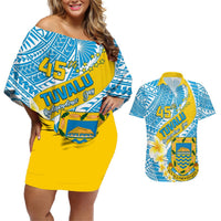 Personalised Tuvalu Independence Day Couples Matching Off Shoulder Short Dress and Hawaiian Shirt Plumeria 45th Anniversary LT01 Blue - Polynesian Pride