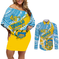 Personalised Tuvalu Independence Day Couples Matching Off Shoulder Short Dress and Long Sleeve Button Shirts Plumeria 45th Anniversary LT01 Blue - Polynesian Pride