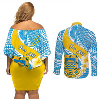 Personalised Tuvalu Independence Day Couples Matching Off Shoulder Short Dress and Long Sleeve Button Shirts Plumeria 45th Anniversary LT01 - Polynesian Pride