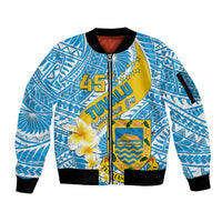 Personalised Tuvalu Independence Day Sleeve Zip Bomber Jacket Plumeria 45th Anniversary LT01 Unisex Blue - Polynesian Pride