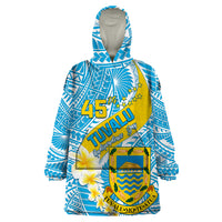 Personalised Tuvalu Independence Day Wearable Blanket Hoodie Plumeria 45th Anniversary LT01 One Size Blue - Polynesian Pride