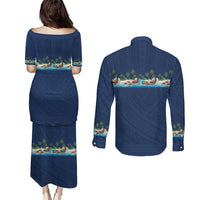 Hawaii Santa Riding Sea Turtle Couples Matching Puletasi and Long Sleeve Button Shirt Mele Kalikimaka Polynesian Pattern LT01 - Polynesian Pride