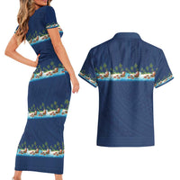 Hawaii Santa Riding Sea Turtle Couples Matching Short Sleeve Bodycon Dress and Hawaiian Shirt Mele Kalikimaka Polynesian Pattern - Polynesian Pride