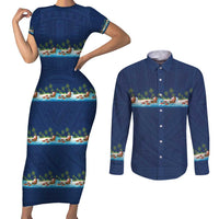 Hawaii Santa Riding Sea Turtle Couples Matching Short Sleeve Bodycon Dress and Long Sleeve Button Shirt Mele Kalikimaka Polynesian Pattern LT01 Blue - Polynesian Pride