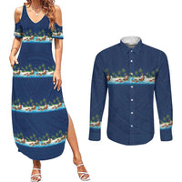 Hawaii Santa Riding Sea Turtle Couples Matching Summer Maxi Dress and Long Sleeve Button Shirt Mele Kalikimaka Polynesian Pattern LT01 Blue - Polynesian Pride