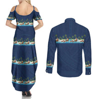 Hawaii Santa Riding Sea Turtle Couples Matching Summer Maxi Dress and Long Sleeve Button Shirt Mele Kalikimaka Polynesian Pattern LT01 - Polynesian Pride
