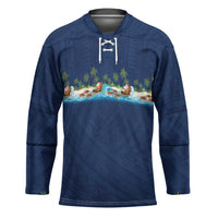 Hawaii Santa Riding Sea Turtle Hockey Jersey Mele Kalikimaka Polynesian Pattern LT01 Unisex Blue - Polynesian Pride