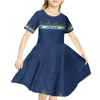 Hawaii Santa Riding Sea Turtle Kid Short Sleeve Dress Mele Kalikimaka Polynesian Pattern LT01 - Polynesian Pride