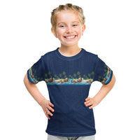 Hawaii Santa Riding Sea Turtle Kid T Shirt Mele Kalikimaka Polynesian Pattern LT01 Blue - Polynesian Pride