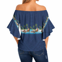 Hawaii Santa Riding Sea Turtle Off Shoulder Wrap Waist Top Mele Kalikimaka Polynesian Pattern LT01 - Polynesian Pride