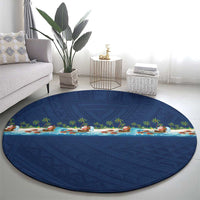 Hawaii Santa Riding Sea Turtle Round Carpet Mele Kalikimaka Polynesian Pattern - Polynesian Pride