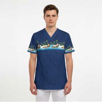 Hawaii Santa Riding Sea Turtle Scrub Top Mele Kalikimaka Polynesian Pattern LT01 - Polynesian Pride