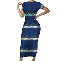 Hawaii Santa Riding Sea Turtle Short Sleeve Bodycon Dress Mele Kalikimaka Polynesian Pattern LT01 Long Dress Blue - Polynesian Pride