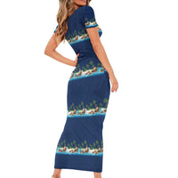 Hawaii Santa Riding Sea Turtle Short Sleeve Bodycon Dress Mele Kalikimaka Polynesian Pattern LT01 - Polynesian Pride