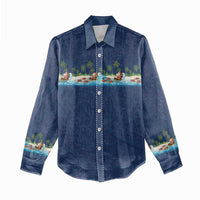 Hawaii Santa Riding Sea Turtle Women Casual Shirt Mele Kalikimaka Polynesian Pattern - Polynesian Pride