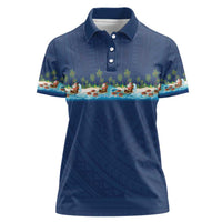 Hawaii Santa Riding Sea Turtle Women Polo Shirt Mele Kalikimaka Polynesian Pattern LT01 Female Blue - Polynesian Pride