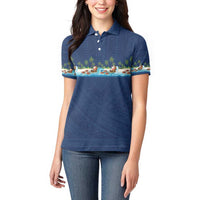 Hawaii Santa Riding Sea Turtle Women Polo Shirt Mele Kalikimaka Polynesian Pattern LT01 - Polynesian Pride