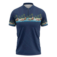 Hawaii Santa Riding Sea Turtle Zipper Polo Shirt Mele Kalikimaka Polynesian Pattern LT01 Blue - Polynesian Pride
