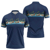 Hawaii Santa Riding Sea Turtle Zipper Polo Shirt Mele Kalikimaka Polynesian Pattern LT01 - Polynesian Pride