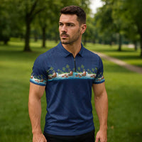 Hawaii Santa Riding Sea Turtle Zipper Polo Shirt Mele Kalikimaka Polynesian Pattern LT01 - Polynesian Pride