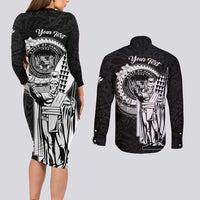 Personalized Hawaii King Kamehameha Couples Matching Long Sleeve Bodycon Dress and Long Sleeve Button Shirt Flag Polynesian Pattern LT01 - Polynesian Pride