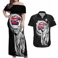 Personalized Hawaii King Kamehameha Couples Matching Off Shoulder Maxi Dress and Hawaiian Shirt Flag Polynesian Pattern LT01 Black - Polynesian Pride