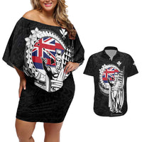 Personalized Hawaii King Kamehameha Couples Matching Off Shoulder Short Dress and Hawaiian Shirt Flag Polynesian Pattern LT01 Black - Polynesian Pride