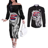 Personalized Hawaii King Kamehameha Couples Matching Off The Shoulder Long Sleeve Dress and Long Sleeve Button Shirt Flag Polynesian Pattern LT01 Black - Polynesian Pride