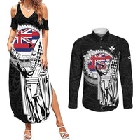 Personalized Hawaii King Kamehameha Couples Matching Summer Maxi Dress and Long Sleeve Button Shirt Flag Polynesian Pattern LT01 Black - Polynesian Pride